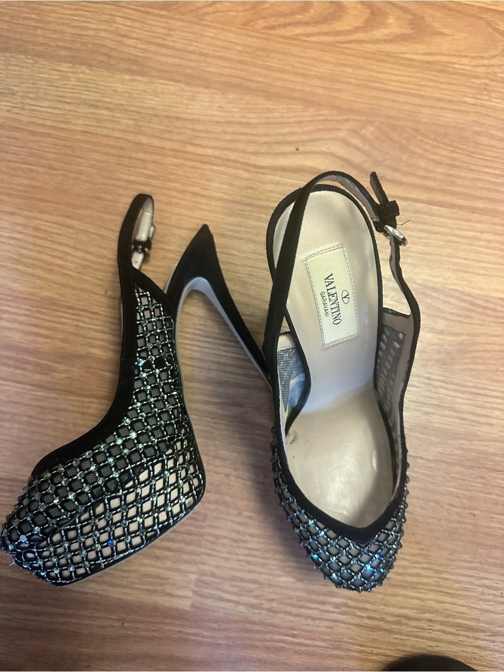 Valentino Black Crystal Mesh Slingback Heels